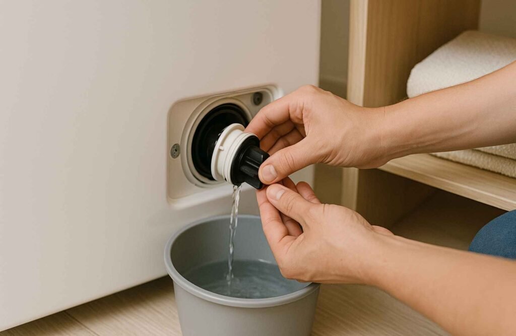 Cleaning the drain filter of an automatic washing machine to fix drainage issue.