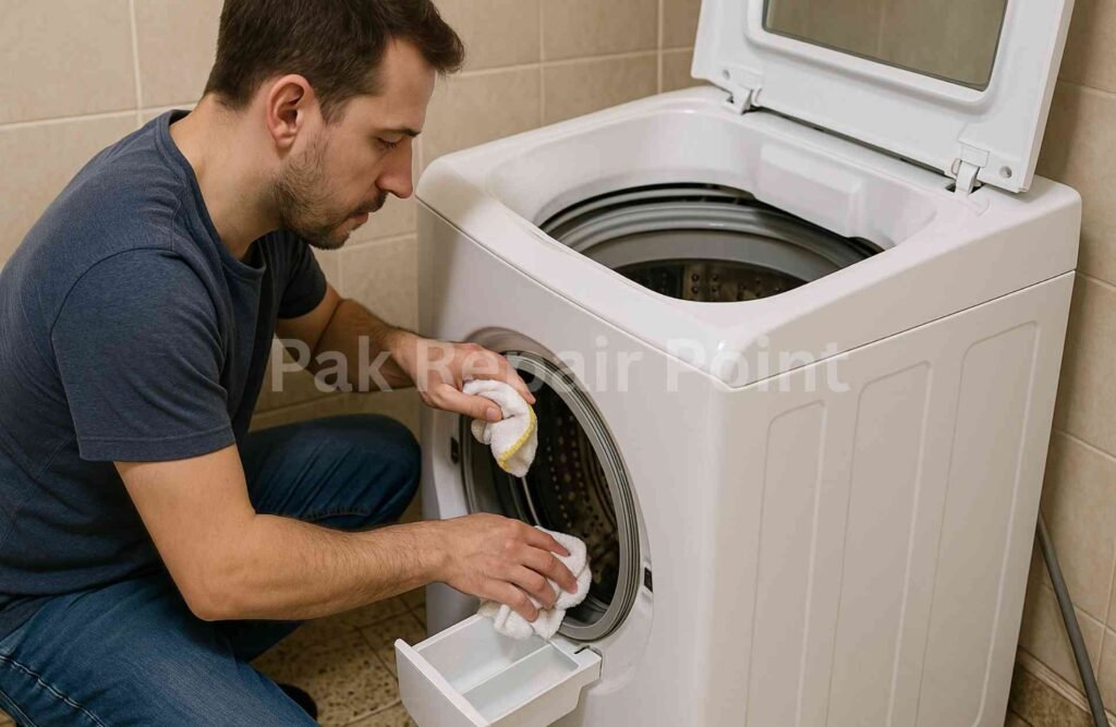 Cleaning washing machine door gasket for preventive maintenance