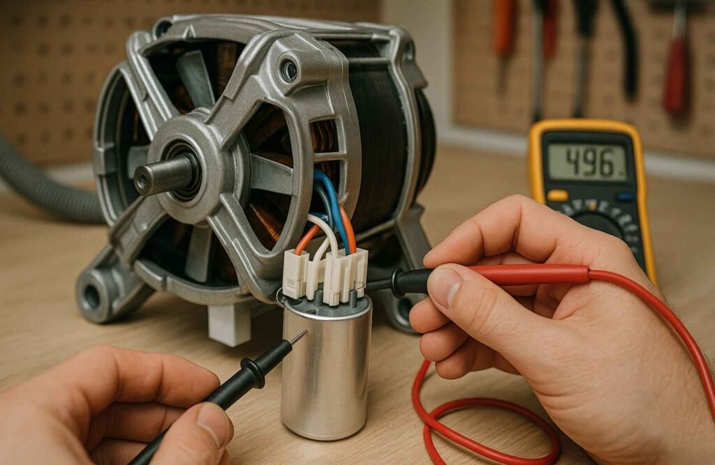 Motor and capacitor of washing machine being tested for spin problem.