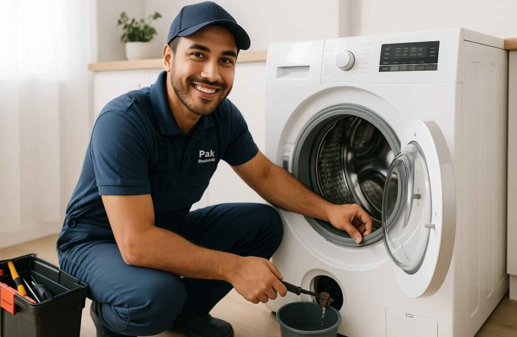Pak Repair Point technician fixing washing machine at customer’s home in Islamabad.