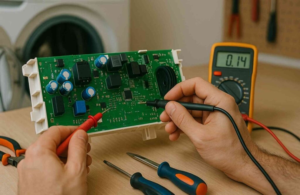 Technician checking the PCB control board of a washing machine. 