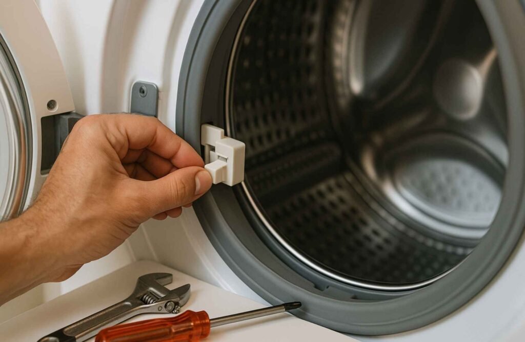 Technician inspecting the faulty lid switch of a washing machine.