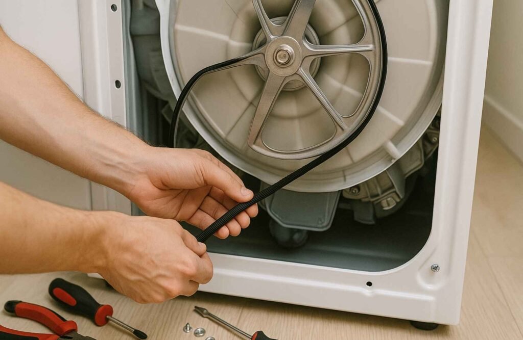 Technician replacing a broken drive belt in a washing machine.