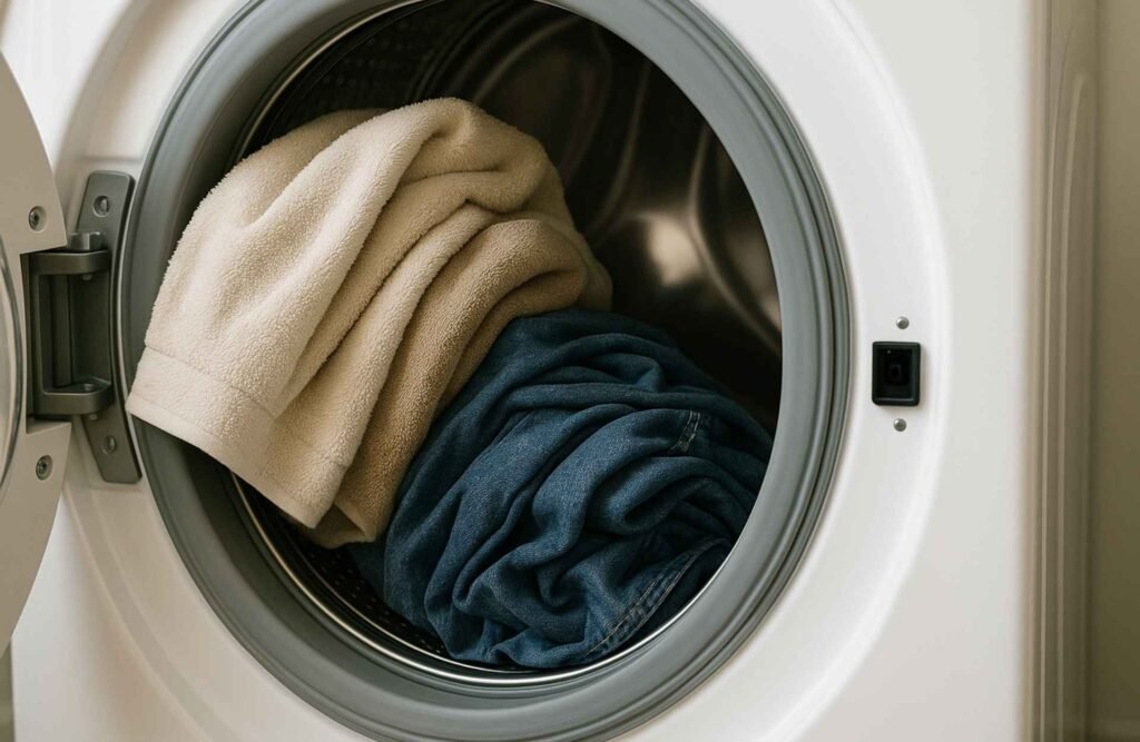 Unbalanced load in washing machine with heavy clothes on one side