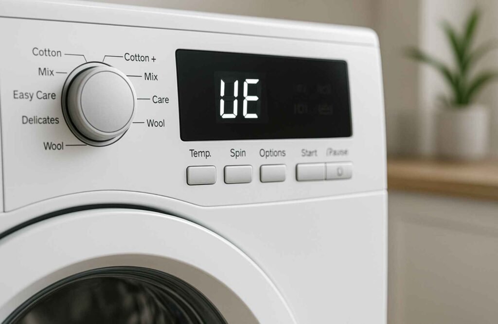 Washing machine showing UE error code on digital display.