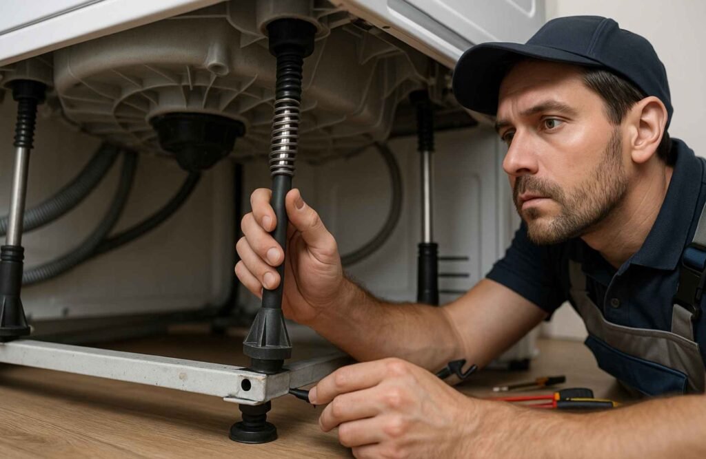 Washing machine technician repairing damaged shock absorbers