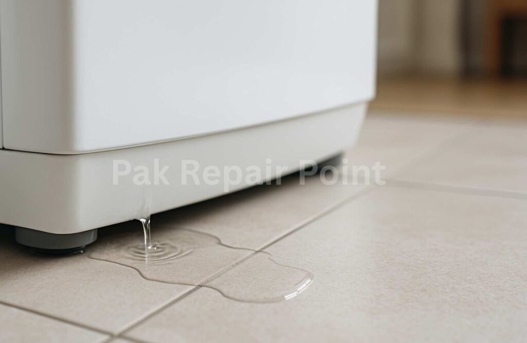 Water leaking from automatic washing machine on floor